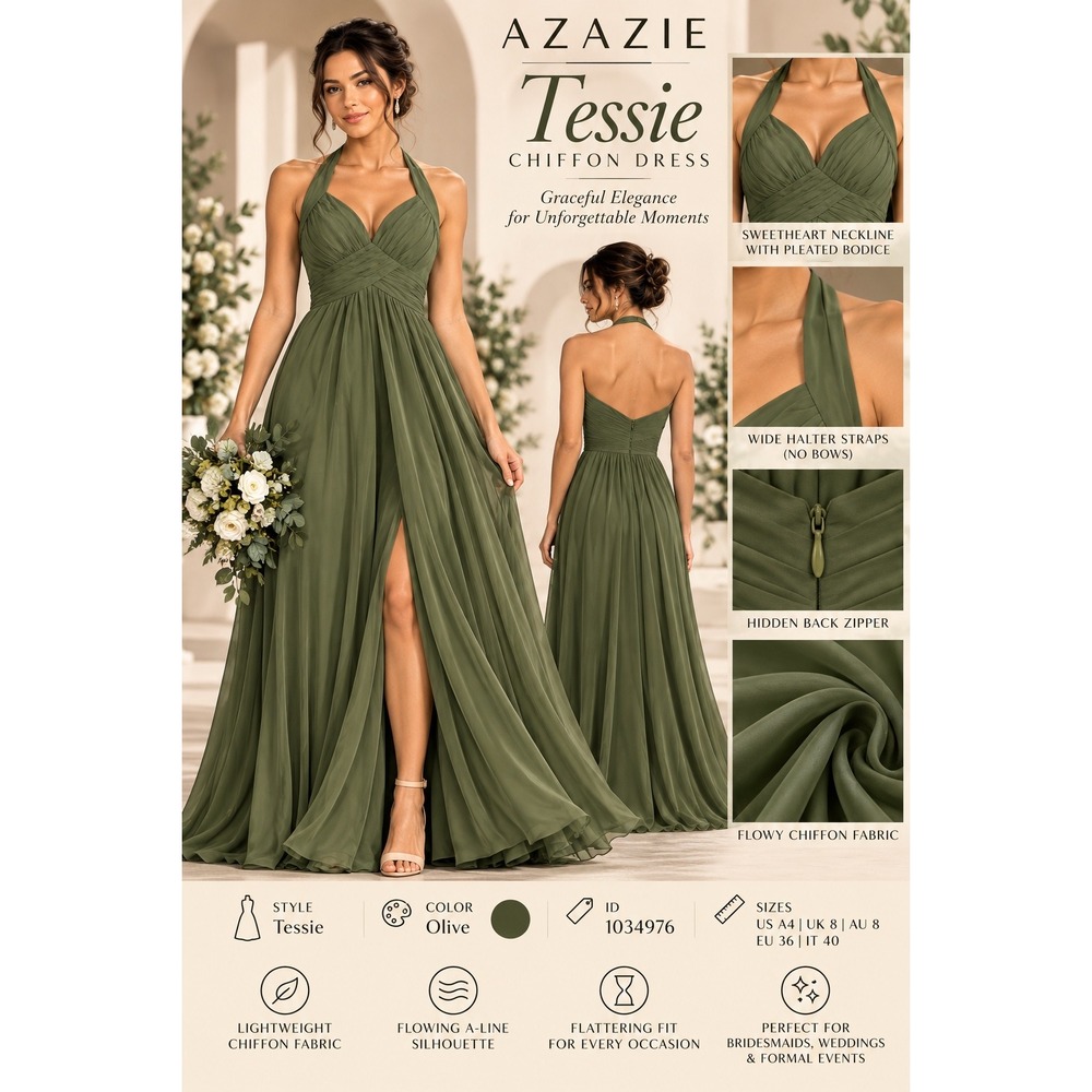 Azazie Tessie Chiffon Dress Olive Green Halter A-Line Formal Gown 1034976 US A4